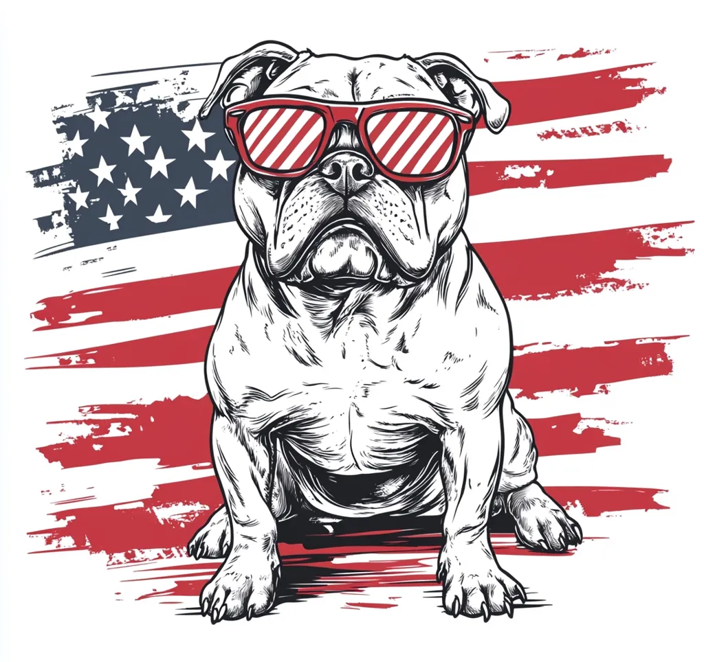 A white bulldog wearing red and white striped sunglasses sits in front of an American flag. The flag is a rough, painted style with the red and white stripes visible. The bulldog has a serious expression and is looking directly at the viewer. The image is a patriotic design, combining a classic American symbol with a playful animal.