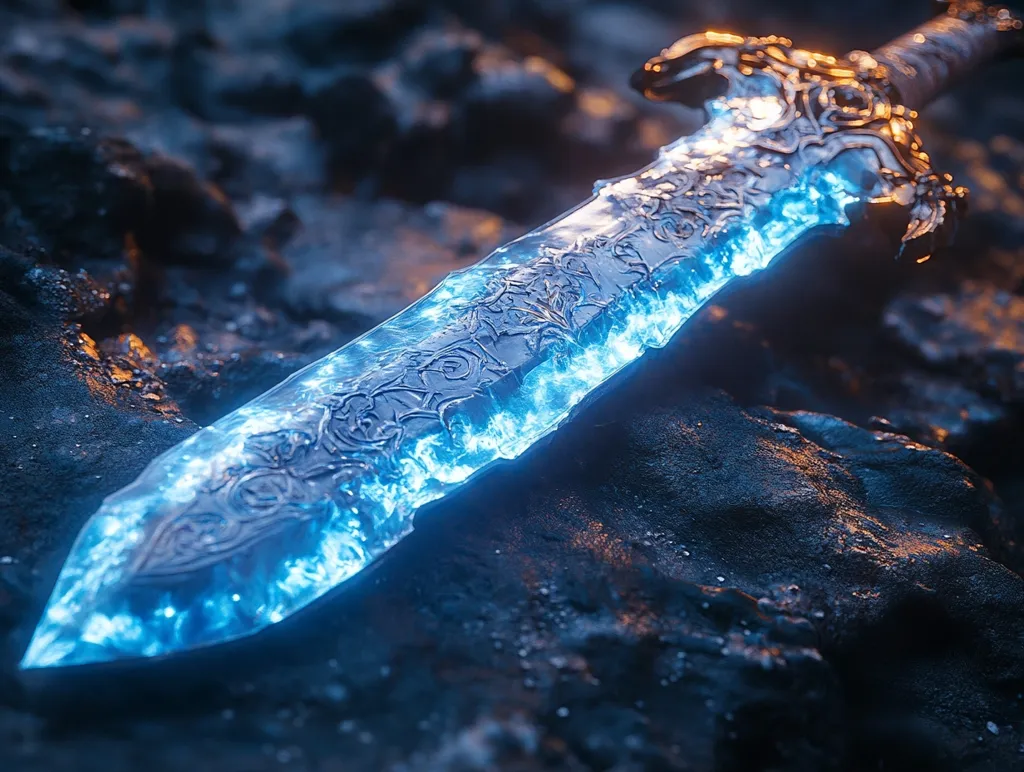 The image showcases a close-up view of a silver sword with intricate designs, resting on a dark, textured surface. A vibrant blue light emanates from within the blade, highlighting its intricate details and giving the impression of magic or power. The composition creates a sense of mystery and intrigue, drawing the viewer's eye to the sword and its glowing aura.