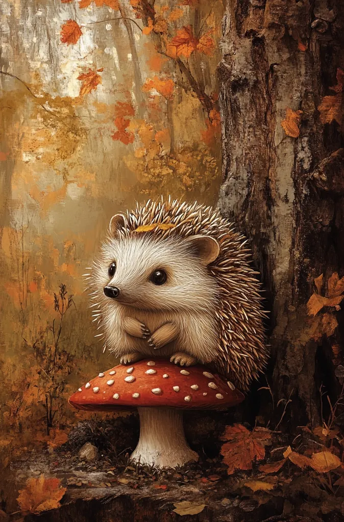 A small hedgehog sits on a bright red mushroom with white spots in a forest setting. The hedgehog has a small brown leaf on its head and is looking out to the side. The background is a blurred woodland scene with autumn leaves in the trees. The ground is covered in fallen leaves and a large tree trunk is to the right of the mushroom. The image is painted in a realistic style with soft, muted colors.