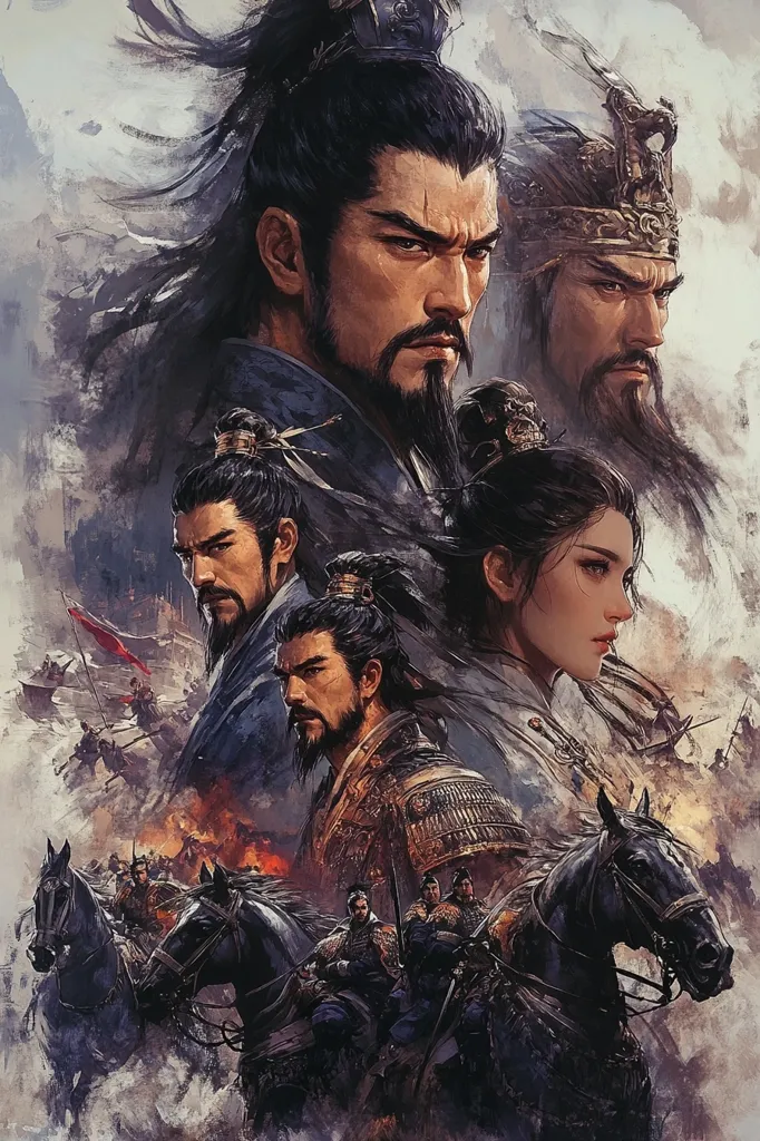 The image depicts a group of warriors, likely from a historical period.  There are four main figures: a man with long black hair and a beard, a man with a crown and a beard, a woman with long dark hair, and a man with a beard and long black hair. They are positioned against a background of war and destruction. The image is painted in a style that evokes a sense of power and grandeur. The warriors are depicted with fierce expressions, and their armor and weapons suggest that they are ready for battle. The background suggests that they have been involved in a great conflict, and the overall mood is one of tension and suspense.  The image suggests a story of war and conflict, but also of strength and determination.