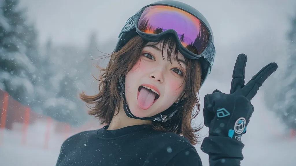 A young woman with brown hair, wearing a black ski helmet and black gloves, is making a peace sign with her right hand. She is sticking out her tongue and looking at the camera. She is standing in a snowy environment, with a blurry background of trees and snow. The photo has a soft, dreamy aesthetic.