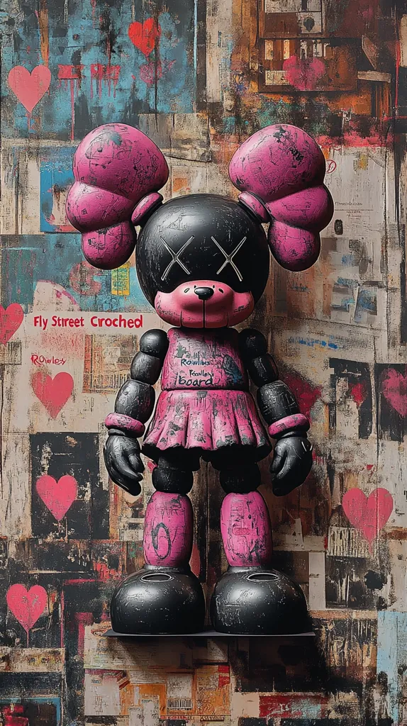 The image features a large pink and black toy with a big, round head and oversized arms and legs. It has X-shaped eyes and a small mouth. The toy is standing on a shelf in front of a colorful, graffiti-covered wall. The background is a collage of different textures and colors, including faded posters, paint splatters, and heart-shaped stickers. The toy is tagged "Fly Street Croched" and "Rowlex Rowley Board" on its body.  The image is a playful mix of street art, pop culture, and childhood.