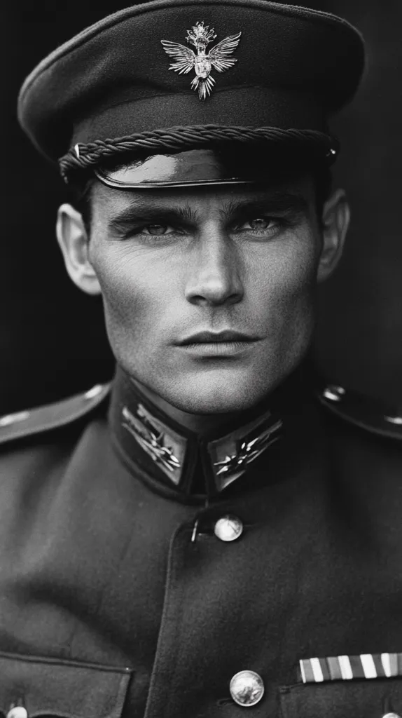 A man in a military uniform stands with a serious expression. He is wearing a black cap with a silver emblem, a black jacket with a silver button and a white stripe on the pocket. The image is in black and white, highlighting the details of the uniform and the man's features. The lighting is dramatic, casting shadows on his face and highlighting the intensity of his gaze. The overall mood of the image is one of authority and stoicism.