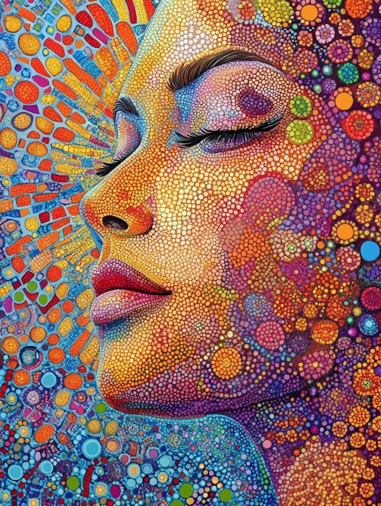 The image is a close-up portrait of a woman's face, rendered in a vibrant, psychedelic style. The woman's eyes are closed, her lips slightly parted, and her face is a mosaic of tiny, colorful dots and circles. The background is similarly abstract and swirling, with a multitude of colors and shapes. The overall effect is one of dreamlike beauty and tranquility. The artwork uses a pointillist technique, creating a textured and dynamic visual experience.