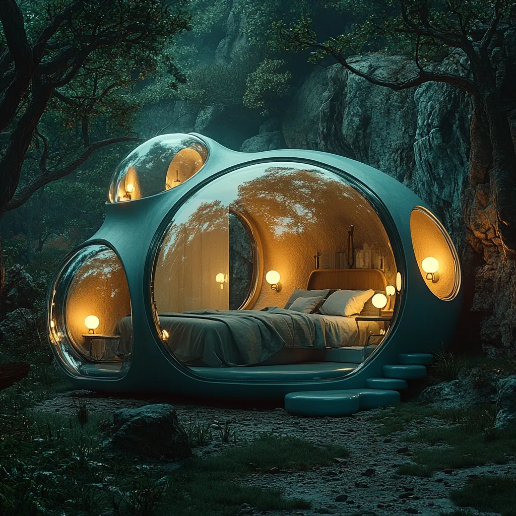A futuristic, spherical bedroom sits nestled within a dense, green forest. The room is illuminated by warm, glowing lights, casting a soft glow on the bed, bedside tables, and walls. The glass walls offer panoramic views of the surrounding trees, creating a sense of tranquility and seclusion. The exterior of the structure is a sleek, metallic blue, blending seamlessly with the natural environment.