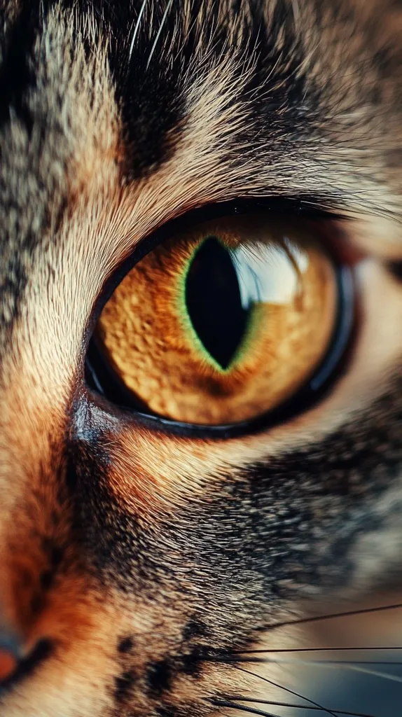 The image is a close-up of a cat's eye, capturing the intricate details of its fur and the mesmerizing depth of its golden iris. The pupil is a dark, vertical slit, reflecting the light in a way that gives the eye a captivating and mysterious quality. The surrounding fur is soft and textured, creating a stark contrast with the smooth surface of the eye. The image evokes a sense of curiosity and wonder, highlighting the beauty and complexity of animal nature.
