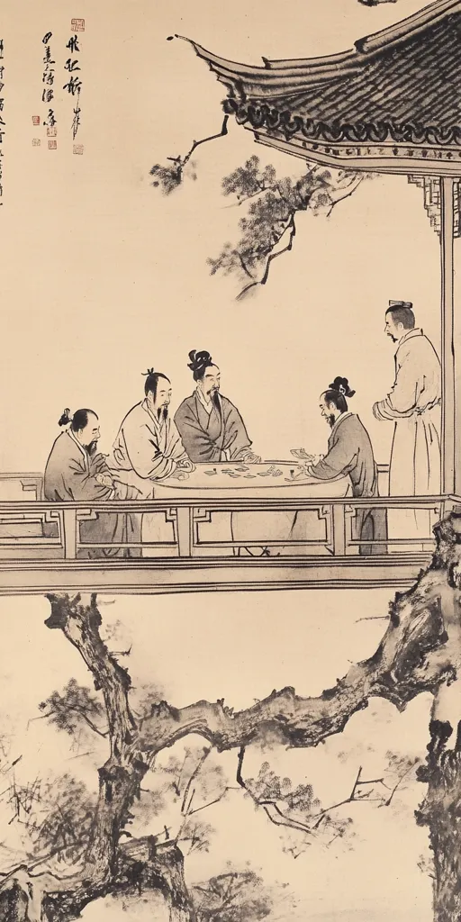 The image is a traditional Chinese ink painting depicting a group of four men seated at a table playing a game. Two of the men appear to be holding cards, while another looks on attentively. A fourth man stands behind them, observing the game. The scene is set on a balcony with a tree branch in the foreground and the corner of a building above them. The painting is rendered in shades of black and gray, with a minimalist style and calligraphic brushstrokes. The use of negative space creates a sense of calm and serenity. The composition is balanced and harmonious, reflecting the principles of traditional Chinese art.  The painting is executed with skill and finesse, showcasing the artist's mastery of ink and brush.