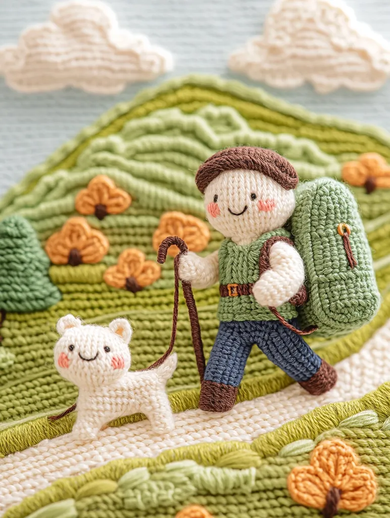 A hand-knitted scene depicts a smiling hiker with a backpack and a walking stick, accompanied by a white dog. They are on a green, grassy path with embroidered flowers and clouds in the background. The textures and colors are bright and cheerful, creating a whimsical and charming image.