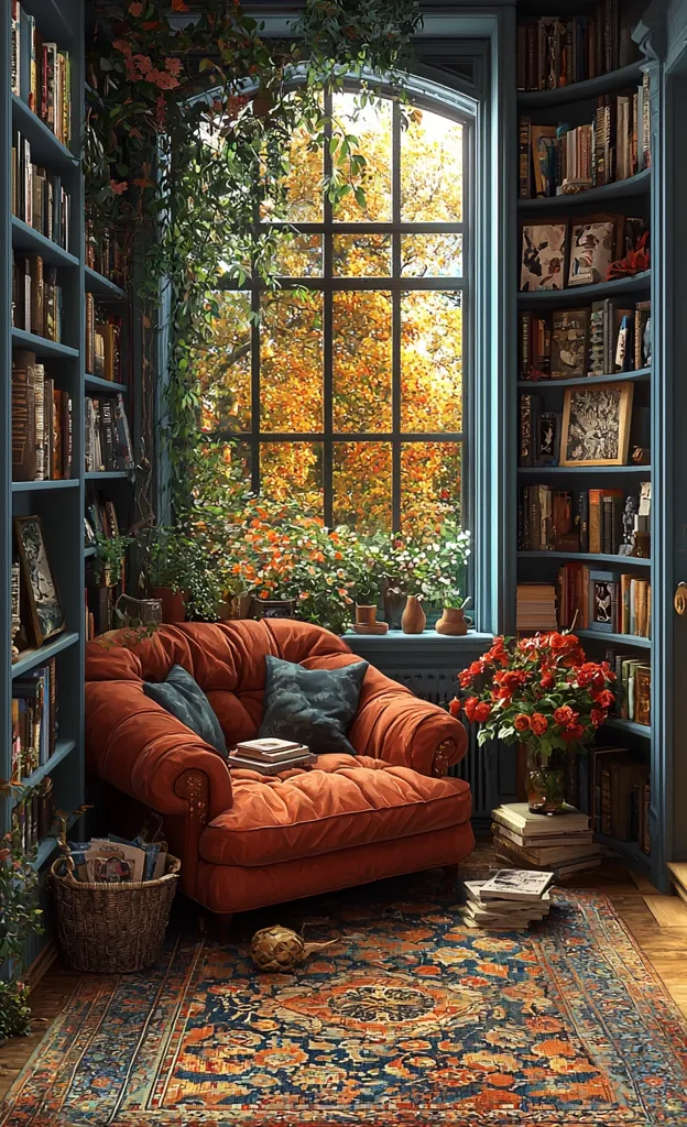 A cozy reading nook in a home library features an orange armchair placed beneath a large arched window overlooking a fall foliage scene. Bookshelves line the walls, filled with books and decorative items. An intricate Persian rug covers the wooden floor, and a bouquet of red roses adds a touch of vibrant color. The room is filled with warm natural light, creating a perfect atmosphere for relaxation and reading.
