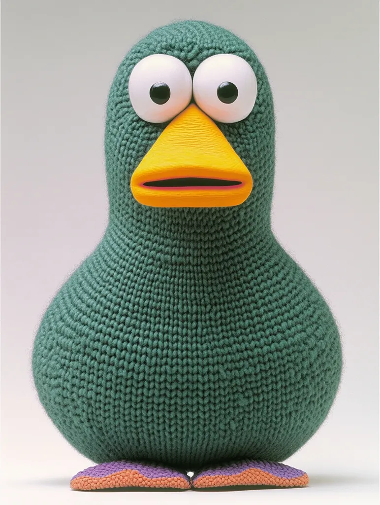 A knitted green duck with large, round eyes and an open beak sits against a white backdrop. Its body is made of tightly woven fabric and its feet are a light orange with purple accents. The duck appears to be surprised or startled with its wide, open eyes.  The lighting is soft, casting a gentle glow on the duck's plush form.