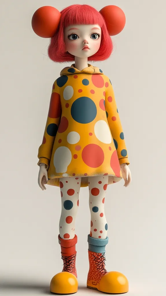A doll with bright red hair and large red ears is wearing a yellow, red, white, and blue polka-dot dress with a hood. She has white tights with red and blue polka dots. She is wearing bright yellow shoes with red straps. The doll has a serious expression and is looking to the side. The doll is against a plain white background.