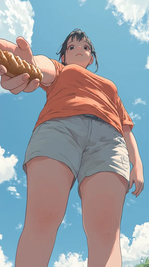 The image shows a young woman with short black hair, wearing a loose orange shirt and light grey shorts. She is looking down with a slightly concerned expression and holding a long, thin object in her hand. She is standing against a backdrop of a bright blue sky dotted with fluffy white clouds. The scene is rendered in a soft, cartoon-like style, giving the image a whimsical and dreamy feel.
