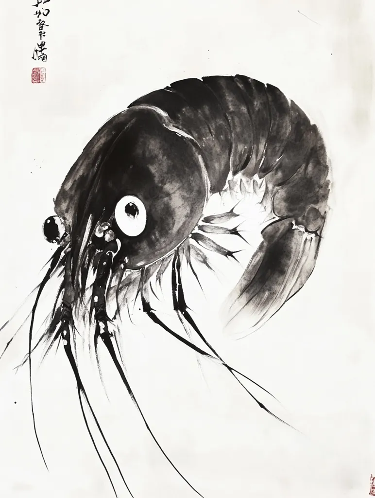 The image depicts a black and white ink painting of a shrimp. The shrimp's body is curled up, and its long legs are outstretched. The painting is done in a minimalist style, with bold lines and simple shapes. The shrimp's eye is large and round, and its antennae are long and delicate. The background is a simple white, which allows the shrimp to stand out. The painting is full of energy and movement.  The image is reminiscent of Japanese Sumi-e ink painting.