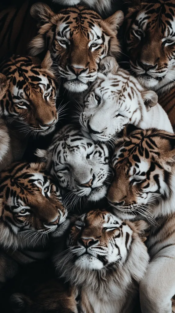 A group of six tigers are huddled together.  The tigers are all different colors, from dark orange to white. Some are looking directly at the camera, while others are looking away. The image is a close-up, and the tigers' fur is in sharp focus.  The tigers' eyes are large and expressive. They appear to be resting or sleeping.