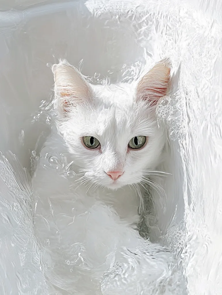A white cat with piercing green eyes peeks out from a bath of white soapy water. Its fur is wet and glistening, and its pink nose is prominent. The image is a study in contrasts, with the dark eyes and nose standing out against the bright white background.  The cat's expression is curious and alert, suggesting it is enjoying its bath.
