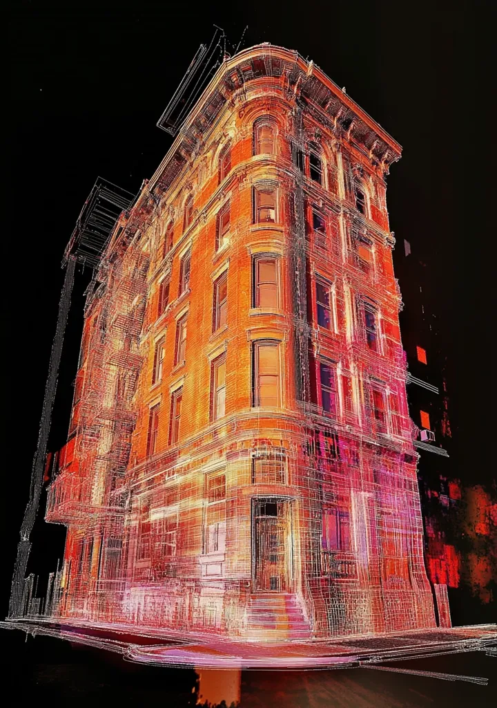 The image depicts a 3D model of a brick building with ornate details, illuminated by a warm, orange glow. The building is rendered as a wireframe structure, revealing its internal geometry. The perspective is angled, showcasing the building's facade and highlighting the intricate details of its windows and architectural features. The backdrop is a dark, shadowy void, emphasizing the building's presence and structure. The overall effect is a captivating blend of digital artistry and architectural beauty.