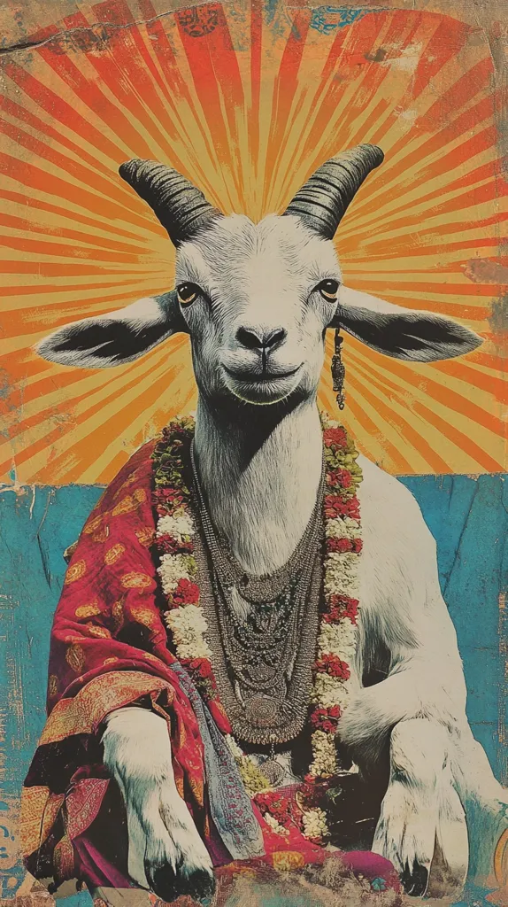 The image depicts a white goat adorned in ornate jewelry and a colorful garment. The goat sits in a pose of reverence, with its head held high and its eyes gazing directly at the viewer. The background is a burst of golden rays, suggesting a divine or spiritual context. The goat's expression is serene and dignified, hinting at a sacred or symbolic significance.