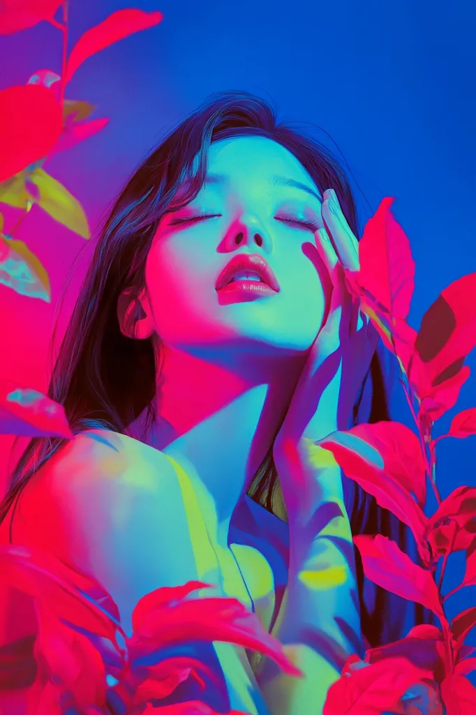The image features a young woman with long dark hair, her eyes closed, and her face bathed in blue and pink light. She is surrounded by bright pink leaves and is wearing a blue and yellow light pattern. The image is bold and striking, highlighting the beauty of the woman and the vibrant colors of the surrounding foliage.