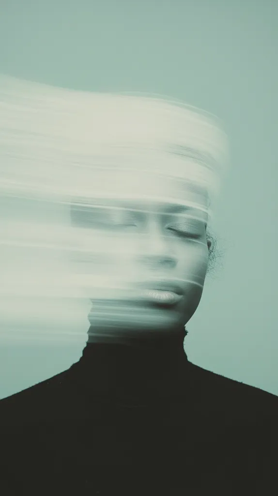 The image shows a person's face, blurred with streaks of white and green, against a solid background of the same color. The person's eyes are closed, and their mouth is slightly open. The top of their head is also blurred, as if they are moving quickly. The image gives a sense of mystery and intrigue.
