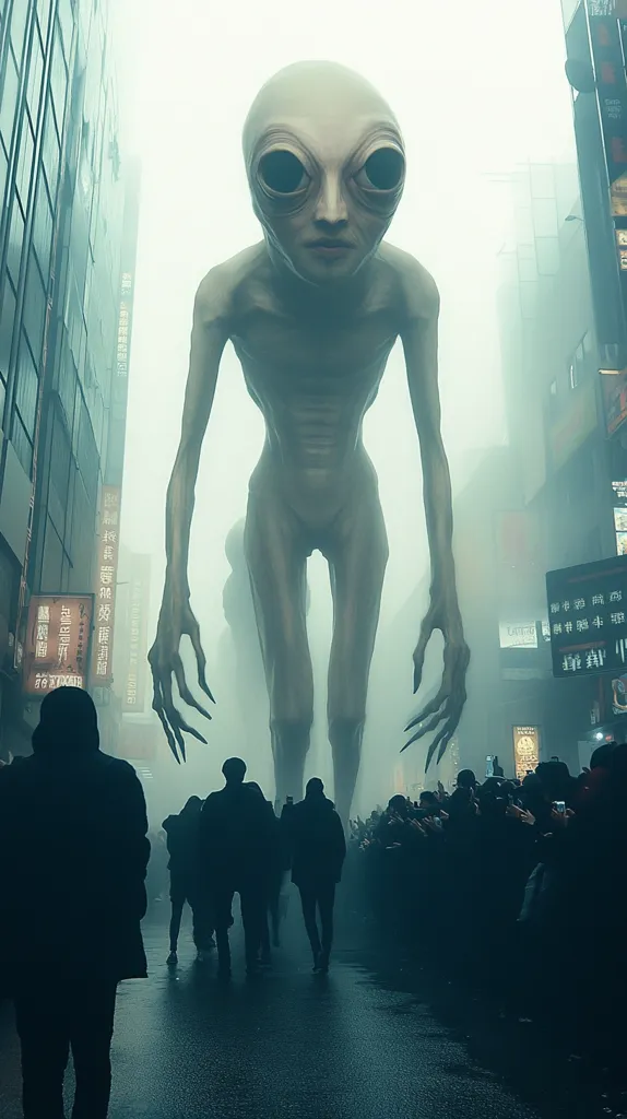 A large, grey alien with large, black eyes stands in the middle of a city street, shrouded in fog. It's towering over a crowd of people, who are silhouetted against the light, staring up at the alien with a mixture of awe and fear. The city's buildings are tall and imposing, but the alien dwarfs them all, creating a sense of unease and wonder. The image is a powerful visual representation of the unknown, and the feeling of both fascination and apprehension it can inspire.