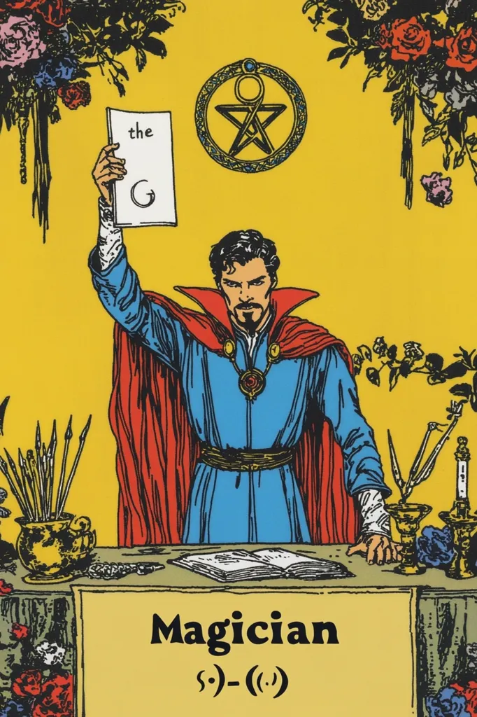 The image is a tarot card, depicting the Magician. It features a man in a blue robe and red cape, holding a card that says "the G". He is standing behind a table with a pentagram above him. The background is yellow, with floral accents. The card's title, "Magician", is written in bold black letters at the bottom, along with the symbol "s)-((".