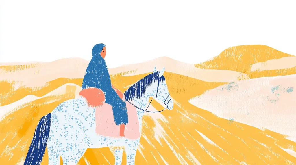 A person wearing a blue robe is riding a spotted white horse with a dark blue mane and tail across a yellow, sandy landscape.  The horizon is white with a few hills in the distance. The illustration is done in a hand-drawn style using soft colors.  The horse and rider are in the bottom right corner of the image.