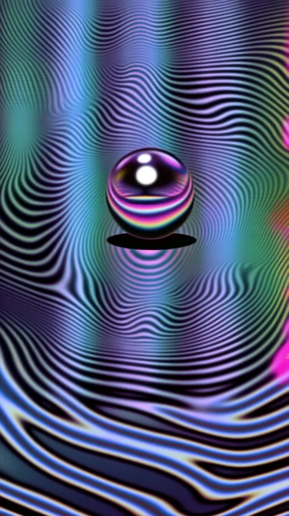 The image is a digital abstract composition. A reflective, iridescent sphere rests on a surface of wavy lines, creating a sense of depth and distortion. The background is a swirl of blue, purple and black lines that converge in the center, adding to the abstract and surreal feel. The image evokes a sense of movement and dynamism, like a ripple effect emanating from the sphere.  The colors are vibrant and striking, creating a visually engaging composition.