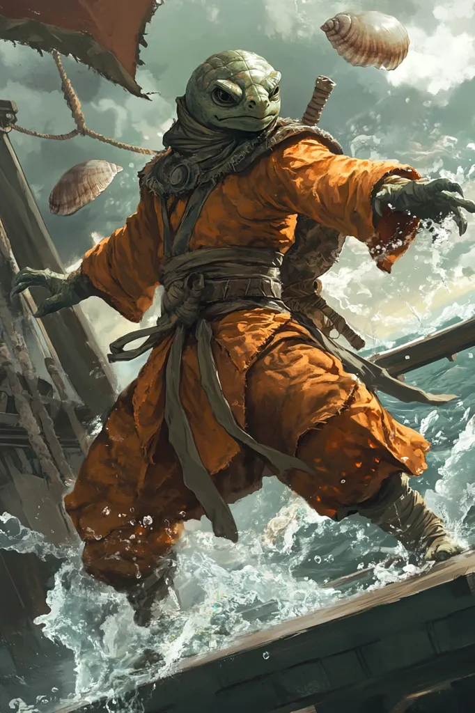 A humanoid turtle creature wearing an orange robe stands on a wooden platform. The creature has a determined expression and is reaching out with its right hand. The background is a stormy sea with whitecaps and clouds. There are also several seashells floating in the air. The scene is dynamic and full of energy.  The creature's presence is powerful and suggests a moment of action or a climactic moment in a story.