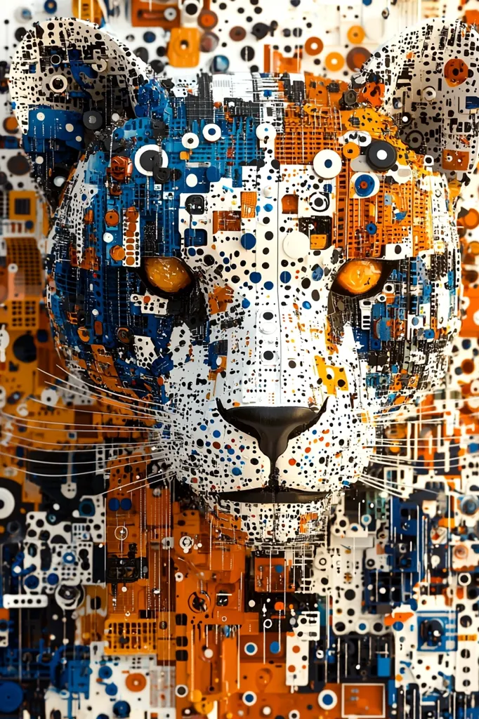 The image is a close-up of a cheetah's face, rendered in a digital, abstract style. The cheetah's fur is composed of various geometric shapes, lines, and dots, creating a mosaic-like pattern. The colors are bright and vibrant, with shades of blue, orange, white, and black predominating. The cheetah's eyes are large and round, with a bright orange glow, adding a sense of depth and intensity to the image. The overall effect is a striking and futuristic portrayal of a wild animal.
