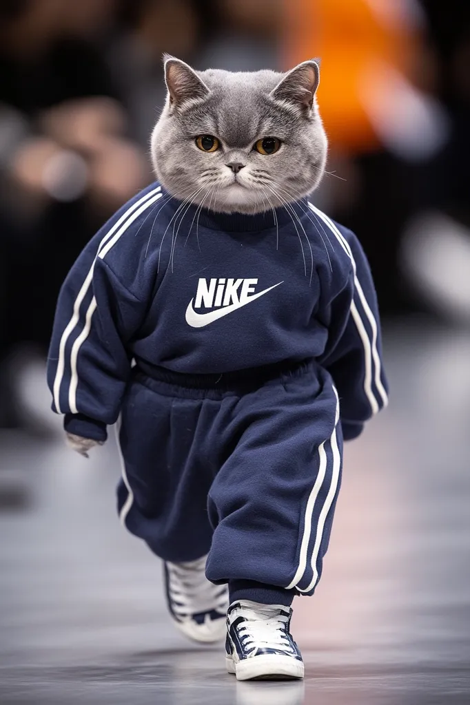 A grey cat is dressed in a navy blue Nike tracksuit, with white stripes down the arms and legs. The cat is walking towards the camera, with a serious expression on its face. It is wearing white sneakers with blue accents. The background is blurry, suggesting the cat is on a runway or in a similar setting. The image is humorous and playful, highlighting the cat's confident and stylish demeanor.