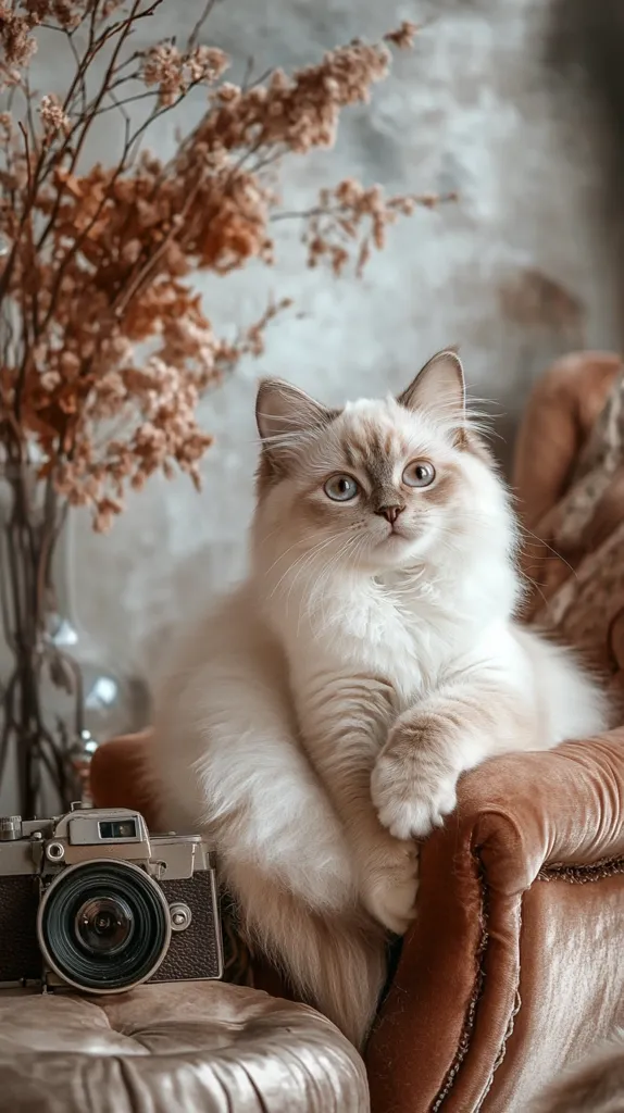 A fluffy white cat sits in a plush brown armchair, looking intently at something off camera. The cat's fur is soft and inviting, with hints of brown around its eyes. An old camera rests on a nearby ottoman, creating a vintage aesthetic. The background is adorned with a bouquet of dried flowers, adding a touch of rustic charm to the scene. The overall mood is serene and cozy.