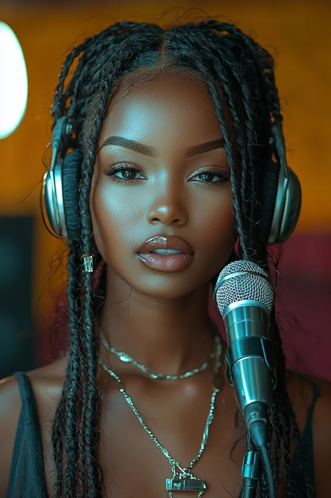 A young woman with long, dark braids is singing into a microphone. She is wearing a black tank top and a silver necklace. She has a serious expression on her face, and her lips are slightly parted. The microphone is in front of her, and the focus is on her face. The image is dimly lit, but the woman's face is well-lit and the microphone is in focus.  The background is blurred.