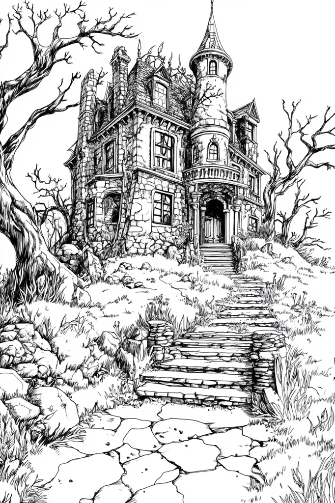 The image is a black and white drawing of a large, ominous house with a tall, pointed tower. The house is made of stone and appears to be quite old, with some of the windows boarded up. The house is surrounded by trees and bushes, and there is a set of stone steps leading up to the front door. The drawing has a dark and spooky atmosphere, suggesting that the house is haunted.