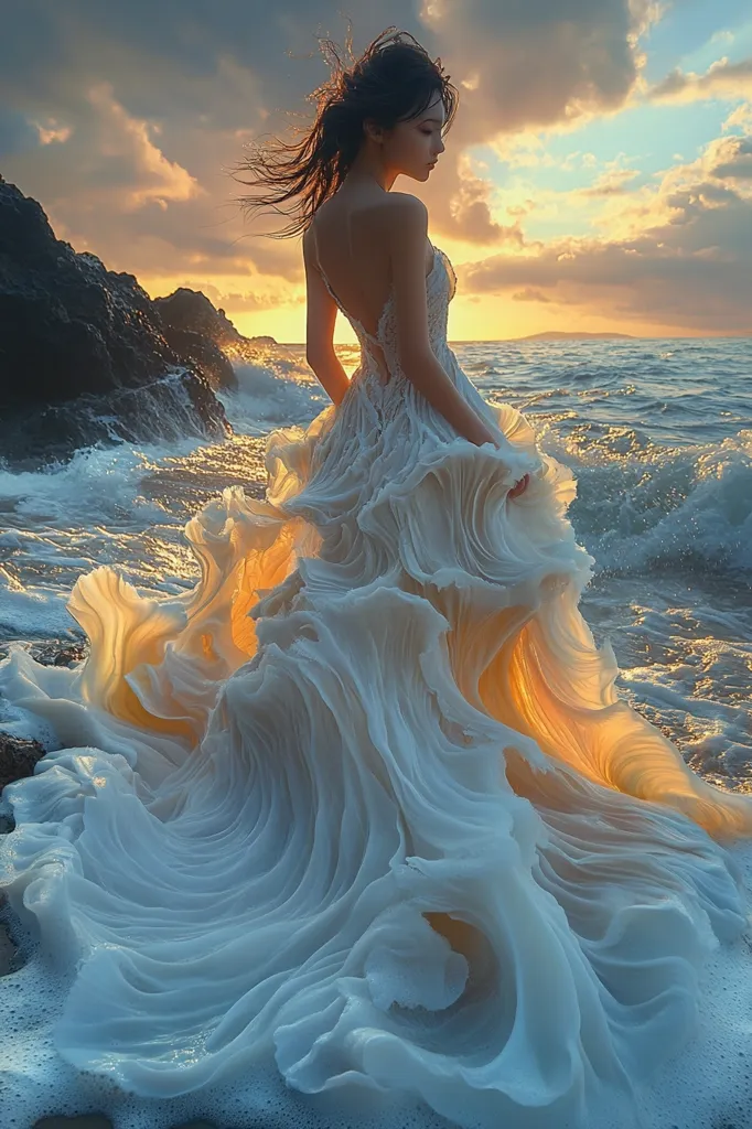 A woman in a flowing white dress stands on a beach at sunset. The dress is sculpted to resemble waves, creating a sense of fluidity and motion. Her hair blows in the wind, and the setting sun casts a warm glow on the scene.  The ocean stretches out behind her, reflecting the sky's vibrant colors. The overall image is serene and ethereal.