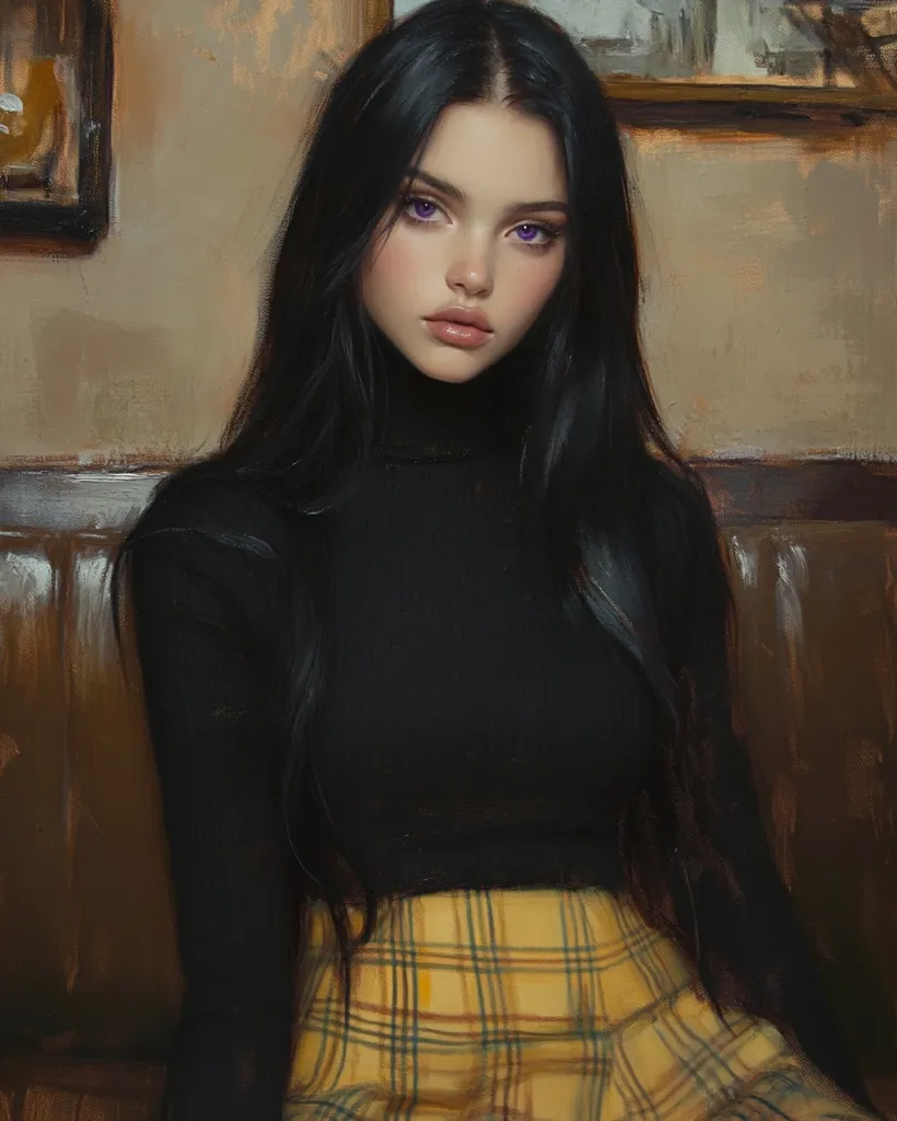 The painting depicts a young woman with long black hair, wearing a black turtleneck sweater and a yellow plaid skirt. She sits on a brown leather couch, looking directly at the viewer with a neutral expression. Her eyes are a striking purple, and her lips are slightly parted. The background is a muted brown with a painting on the wall behind her. The overall mood of the painting is calm and introspective.