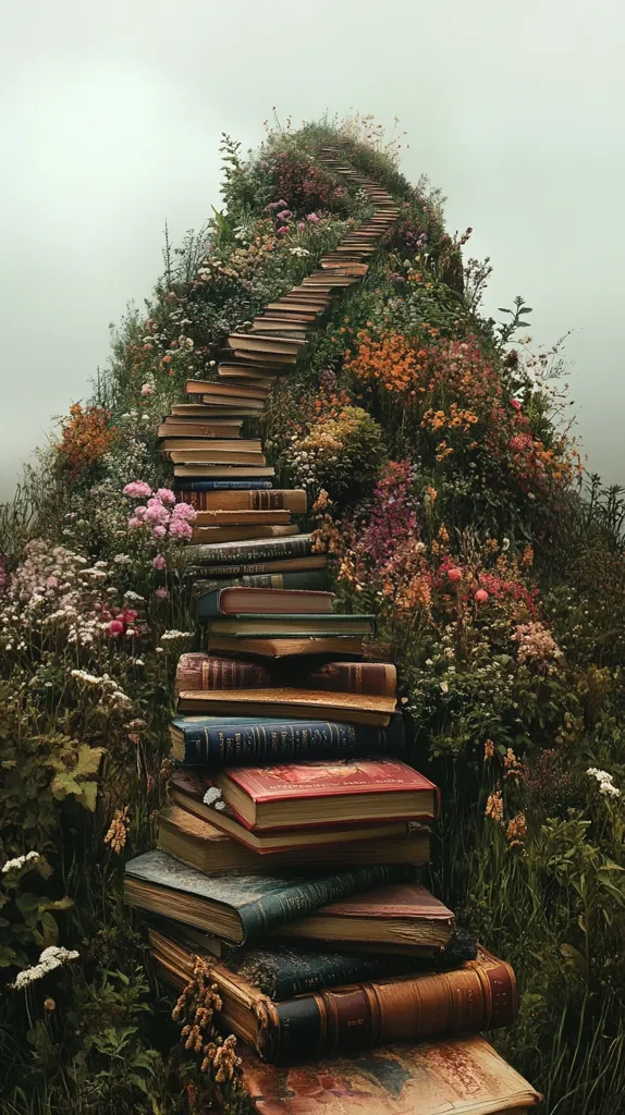 A whimsical staircase made of stacked books leads up a lush, green hillside. Wildflowers bloom in a rainbow of colors, creating a magical atmosphere. The books, weathered and worn, suggest a journey through time and stories. The misty background adds to the enchanting feel of the scene.