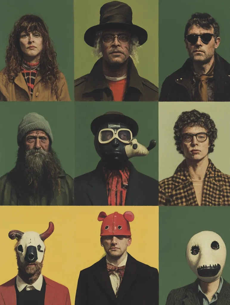 The image shows nine portraits of individuals, arranged in a 3x3 grid. Each person is depicted in a close-up shot, with a distinct background color behind them. Some are wearing masks or hats, creating a whimsical and intriguing visual. The overall tone is enigmatic, with each person's expression hinting at a story waiting to be told.