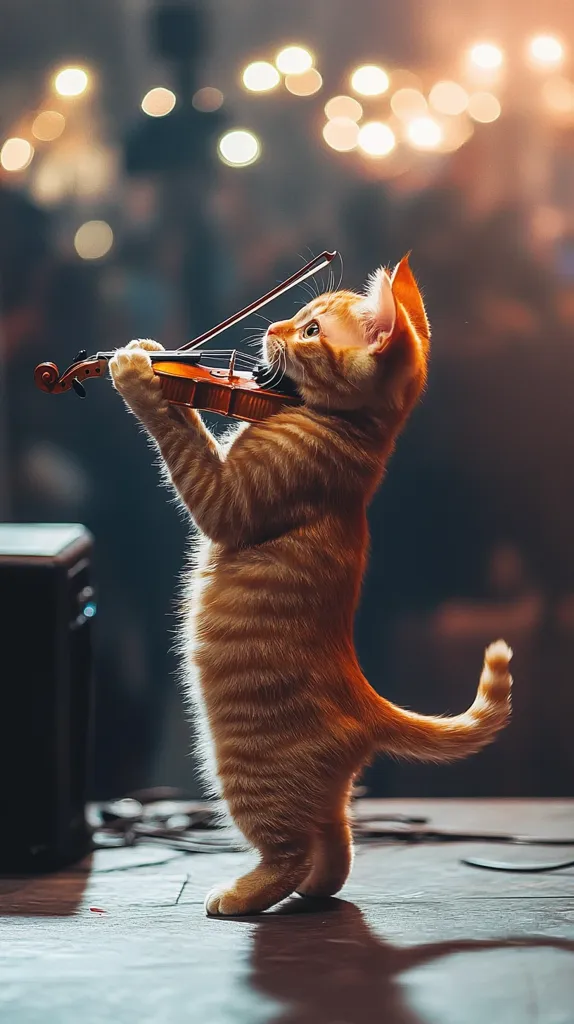 A ginger cat stands on its hind legs, playing a violin with its front paws. It is on a stage with a dark background. The violin is a small, brown instrument with a dark bow. The cat is focused on its music, with its ears perked and its tail curled behind its back.  The scene is illuminated by warm, blurry lights in the background.  The cat's concentration and the setting create a whimsical and humorous image.
