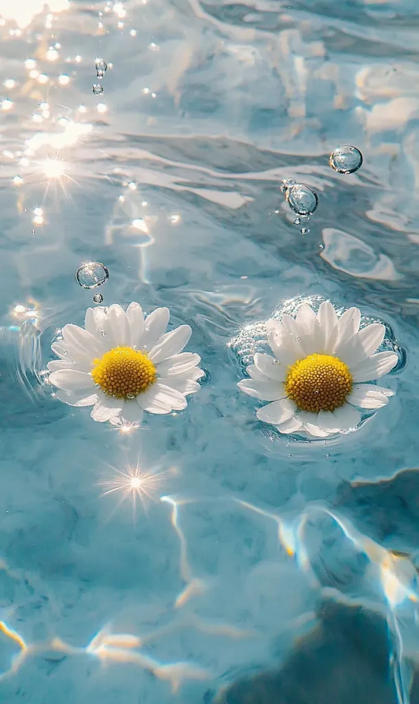 Two white daisies with bright yellow centers float on the surface of a pool of clear blue water. Sunlight glints on the water's surface, creating a shimmering effect. Air bubbles rise from the depths, adding to the serene ambiance. The scene evokes a sense of tranquility and summery bliss.