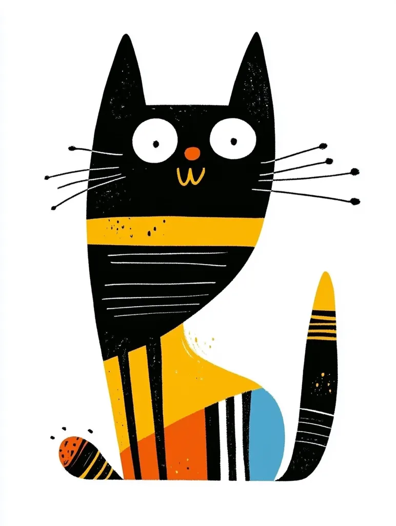The illustration depicts a cartoon cat with a black and yellow striped body. It has large white eyes and a small red nose. The cat is sitting with its tail curled up behind it. The cat is smiling, with its mouth slightly open, revealing a "w" shape inside. The background is white. The illustration uses bold, graphic lines and bright colors.  The cat appears friendly and playful.
