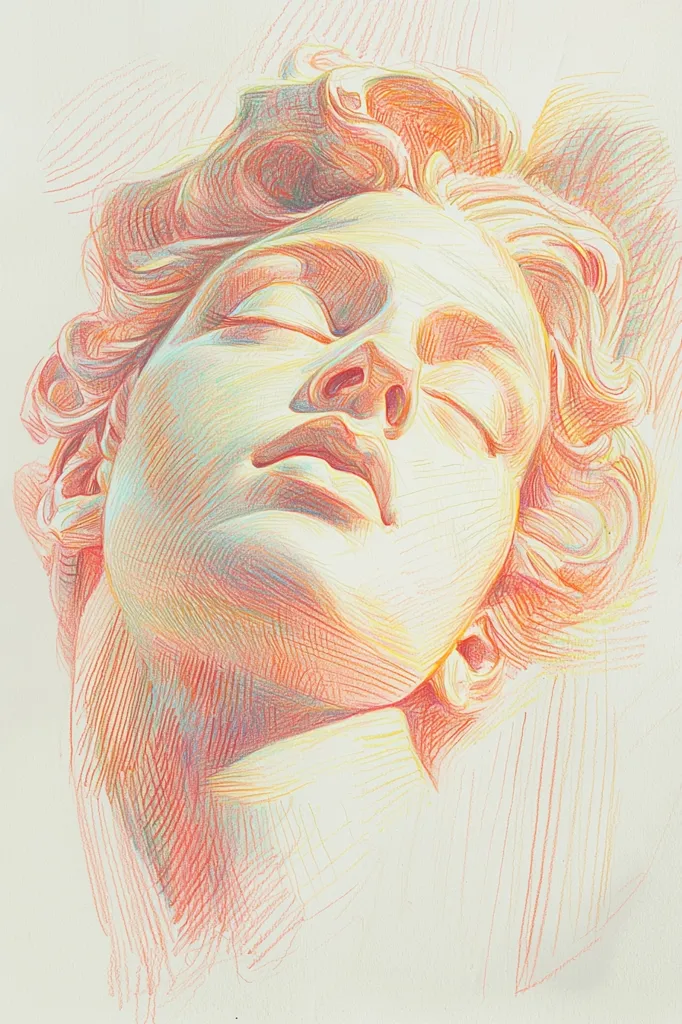 A detailed pencil drawing of a person's face, rendered in shades of red, orange, and yellow. The subject has their eyes closed, and their face is tilted upwards. The drawing is done with fine, meticulous lines, creating a sense of depth and texture. The artist's skill is evident in the rendering of the facial features and the hair.  The image evokes a sense of serenity and contemplation.