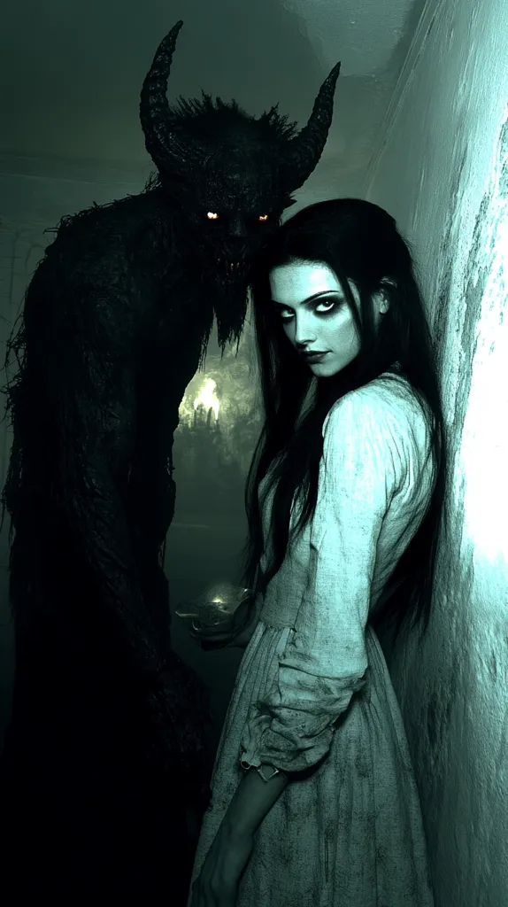 The image depicts a woman in a white dress standing next to a shadowy, horned figure.  The woman's expression is apprehensive, her eyes wide, while the figure's red eyes glow with an eerie light. The setting is dark and mysterious, with a faint glow illuminating the background. The overall mood is one of suspense and impending danger.