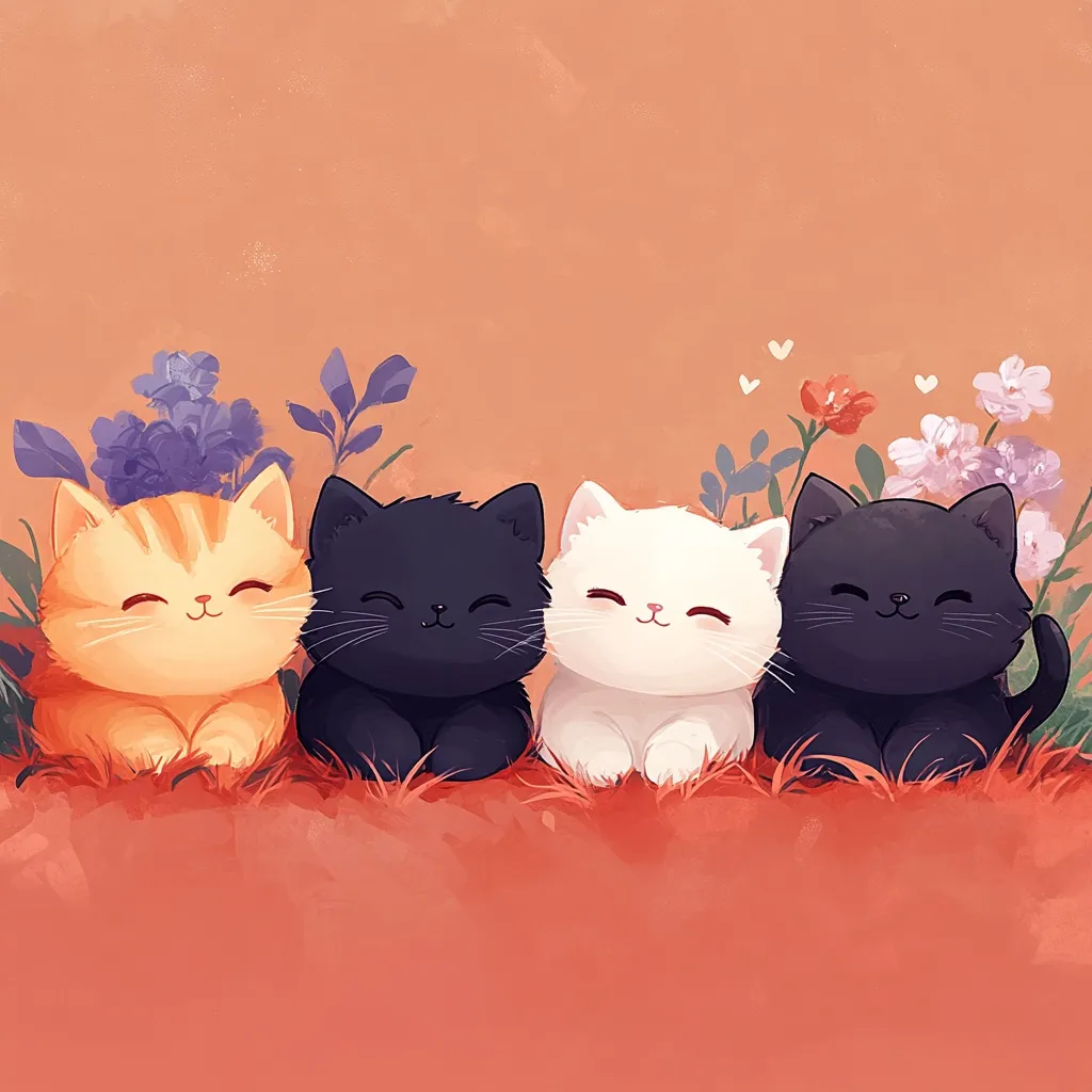 Four cartoon cats are sitting in a row, against a peach-colored background. They are all looking at the viewer with big, smiling eyes. There are flowers behind the cats and the ground is covered in red-orange grass. The cats are orange, black, white, and black.