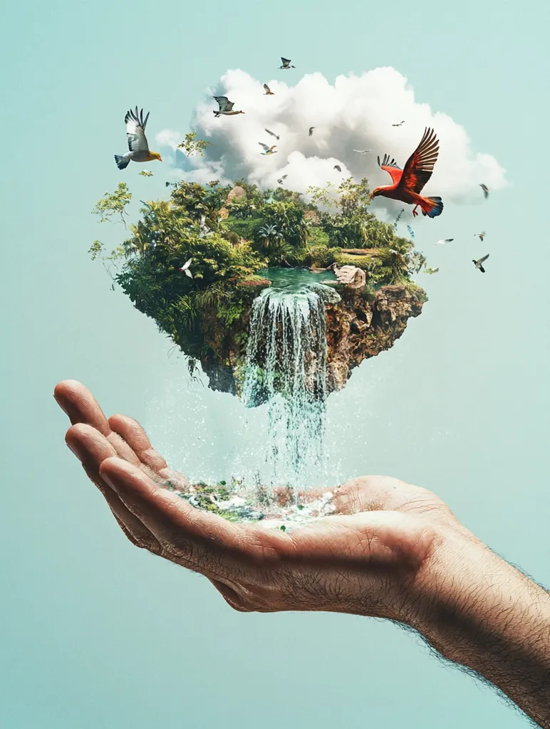 A hand holds a miniature tropical island with a waterfall cascading down, surrounded by a cloud and a flurry of birds. The scene is surreal and evokes a sense of wonder and fragility, suggesting the interconnectedness of nature and the importance of protecting the environment. The soft, light blue background enhances the ethereal quality of the image.