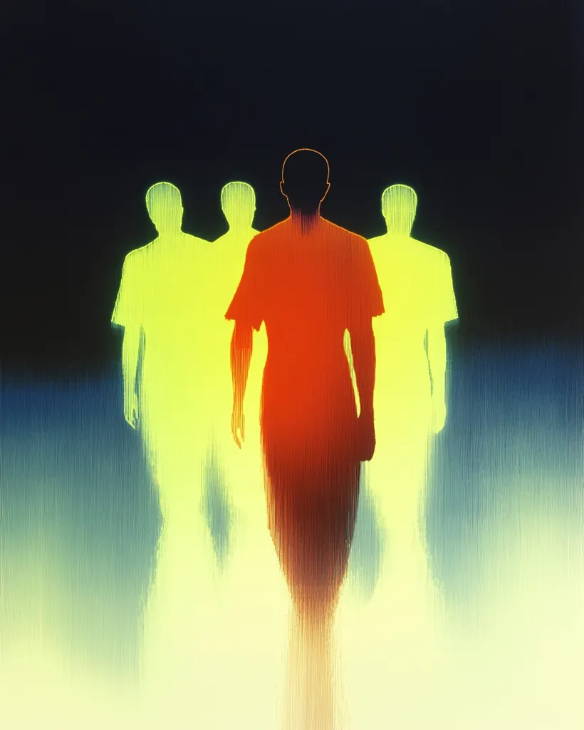 The image depicts four figures walking in a line. The figure in the center is highlighted in red, while the figures on either side are faded to yellow. The background is a blurry, abstract pattern of yellow and blue lines. The image is suggestive of a leader, being in the forefront and in the most vibrant color, surrounded by followers. The figures are obscured by the background, making them appear almost ghostly. The lack of detail in the faces and bodies further emphasizes the abstract nature of the image and makes it open to interpretation.