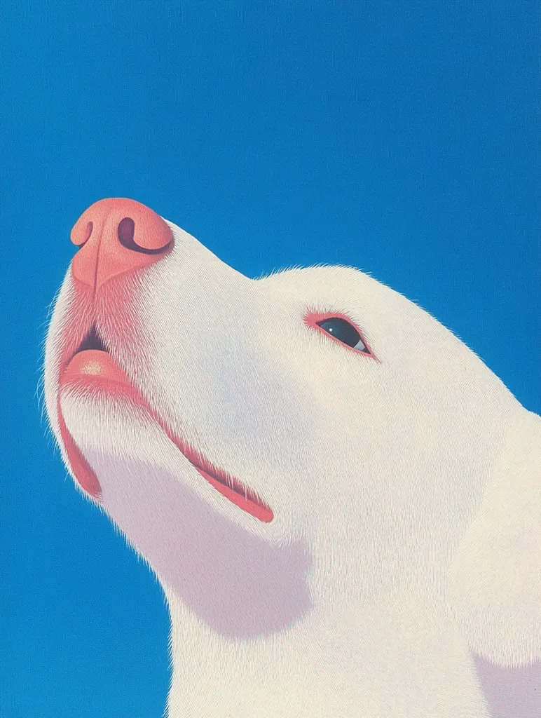 The image shows a close-up of a white dog's face, looking up at the sky. The dog's fur is white, with a soft, fuzzy texture, and its nose is pink and wet. The dog's eyes are closed, and its mouth is slightly open, as if it is panting. The background is a bright blue sky.  The image captures a sense of calm and peace, as the dog seems to be enjoying the warm sunshine.