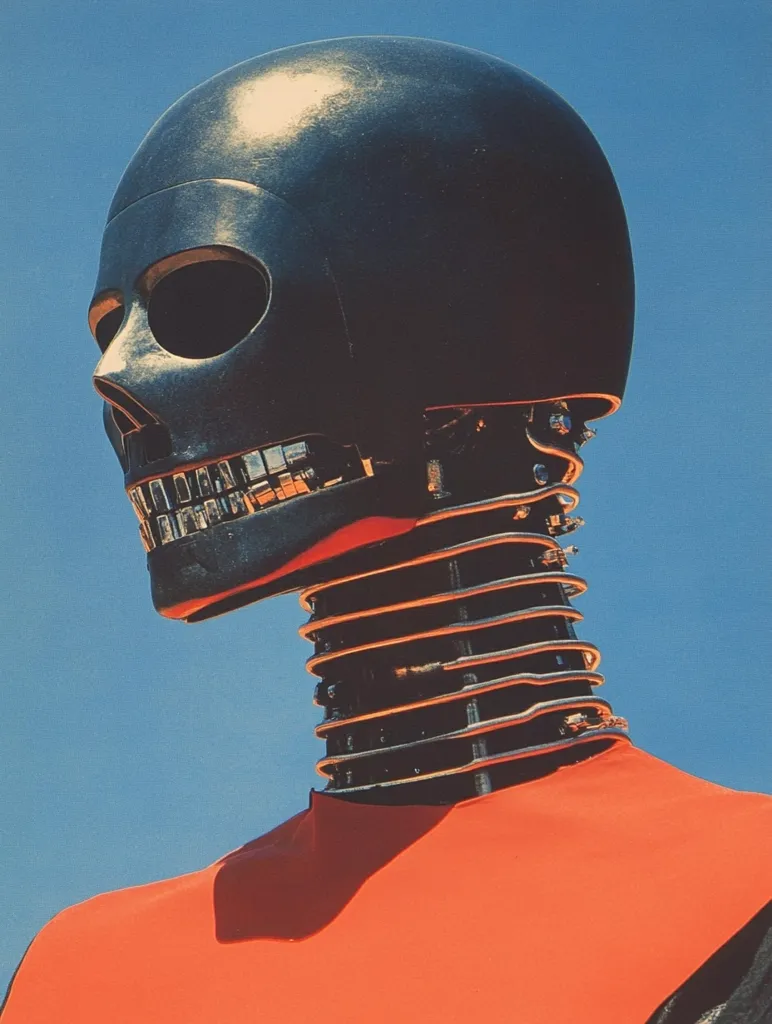 The image depicts a humanoid robot with a black skull-shaped head and a metallic, segmented neck. The robot wears a bright orange, high-necked suit and is positioned against a clear blue sky. Its facial features are obscured by the skull-like helmet, creating a sense of mystery and artificiality. The image conveys a futuristic and somewhat unsettling aesthetic.