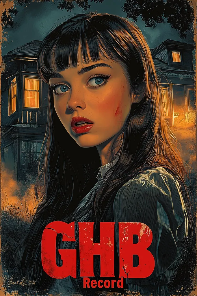 A young woman with long dark hair stares intensely at the viewer. She is wearing a plaid shirt, her face is pale with red marks on her cheek. She has large, blue eyes and dark, well-defined eyebrows. A red "GHB Record" graphic covers the lower portion of the image. A dark, indistinct building is visible in the background, with a few lights visible inside. The overall tone of the image is dark and suspenseful.  The woman's expression, the scratch marks on her face, and the ominous background all contribute to the feeling of unease.