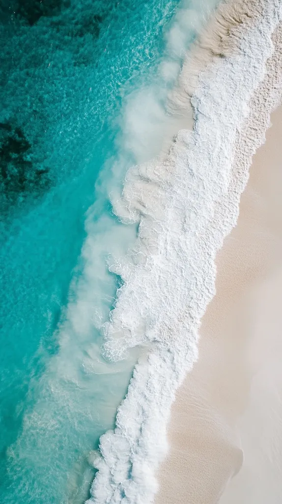 The image shows an aerial view of a sandy beach and turquoise ocean. White foamy waves are crashing on the shore, creating a beautiful contrast against the clear blue water. The scene is calm and serene, capturing the tranquility of a tropical paradise.