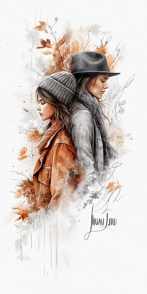 The image is a watercolor painting of two women standing back-to-back. The woman on the left is wearing a brown jacket and a gray beanie, while the woman on the right is wearing a gray jacket and a black fedora. Both women have long, flowing hair. The background is a watercolor wash of brown and white, with some branches and leaves. The painting is signed "Huai Jiu" in the lower right corner.